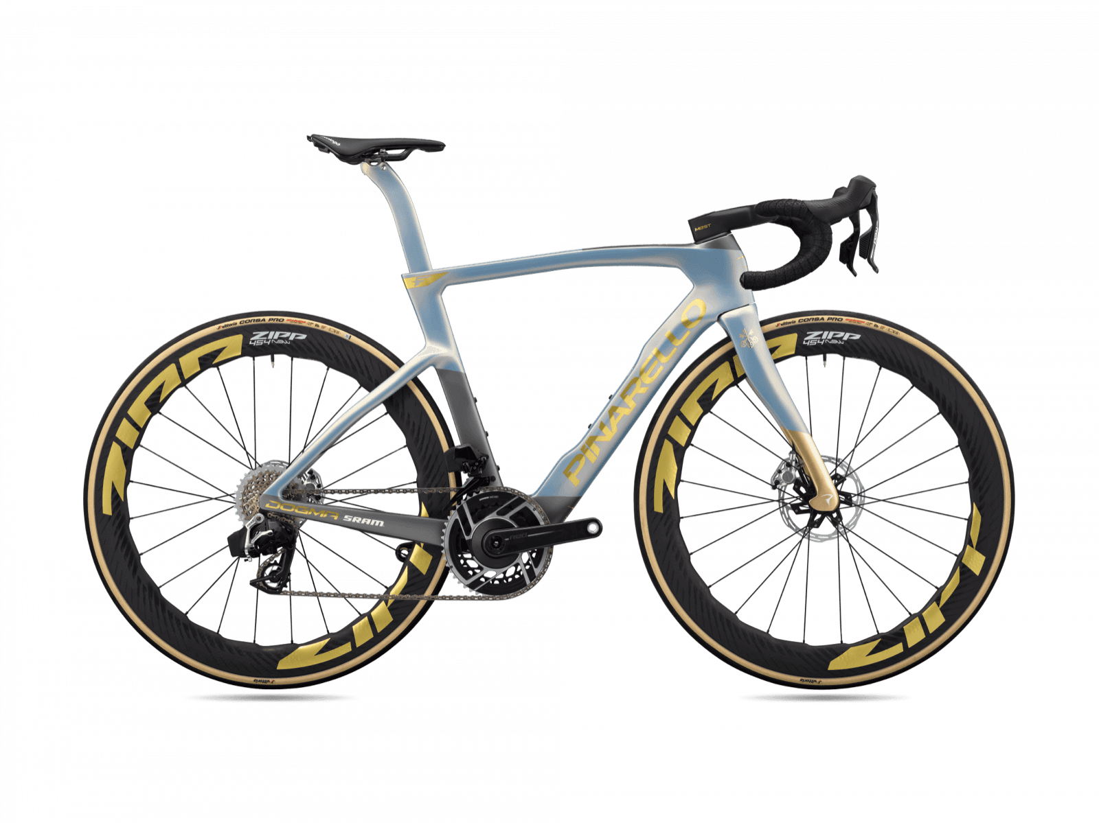 Pinarello Dogma F in silver and gold with gold Zipp 454 wheels